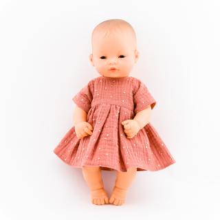 Sukienka  muślinu w kolorze morelowym dla lalki Miniland 32 cm i Minikane 28 cm Sukienka  muślinu w kolorze morelowym dla lalki Miniland 32 cm i Minikane 28 cm