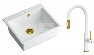 Zestaw zlewozmywak granitowy MORGAN 110 biały + syfon złoty z baterią zlewozmywakową JENNIFER QLine złoto biała z wyciąganą wylewką.